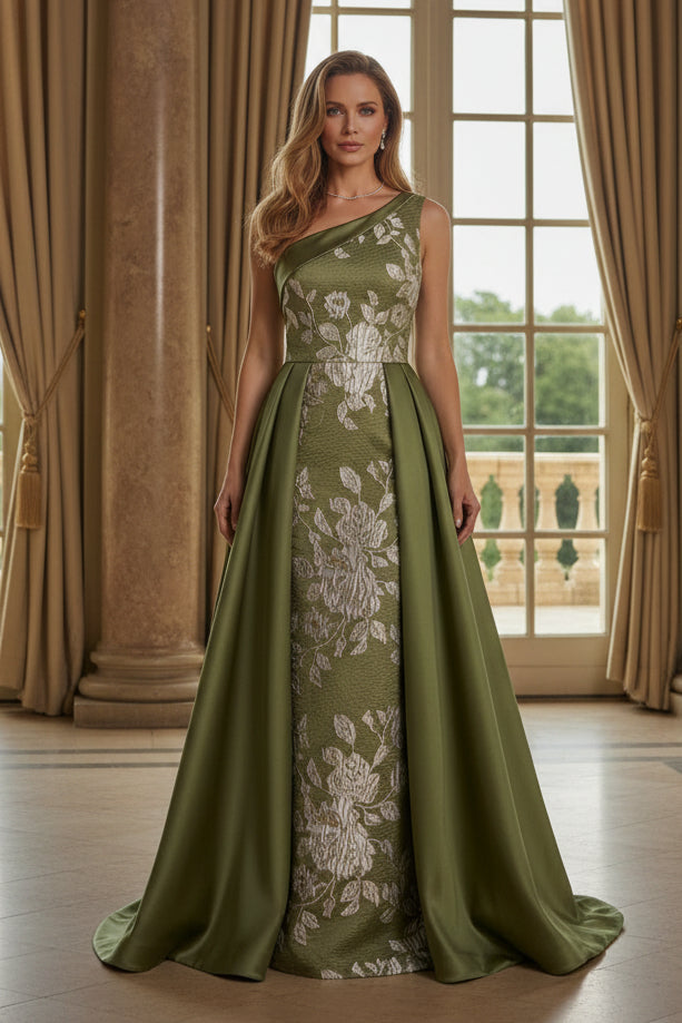 One-Shoulder Floral Jacquard Gown with Satin Overskirt