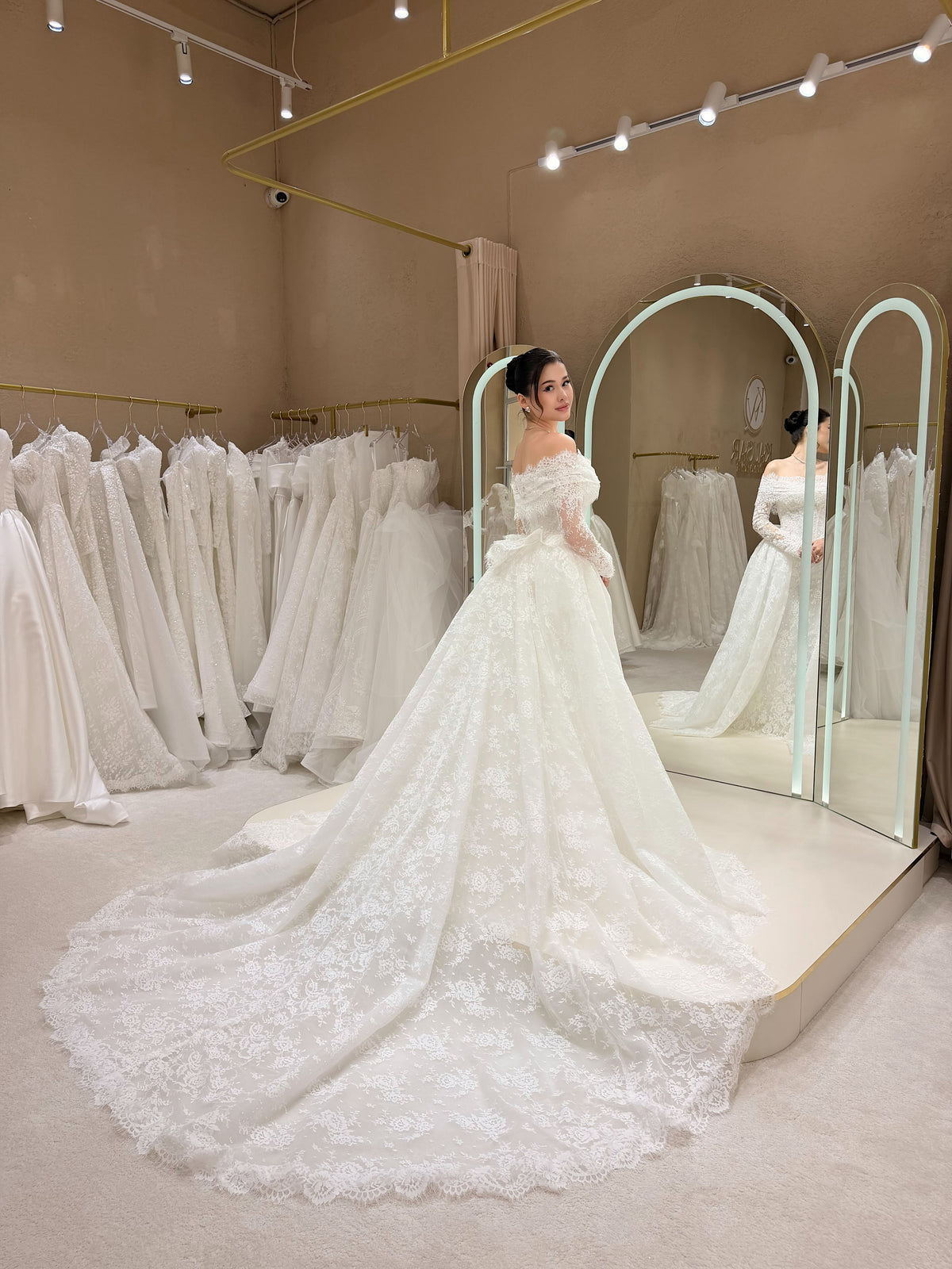 Off-the-Shoulder Lace Wedding Dress with Overskirt
