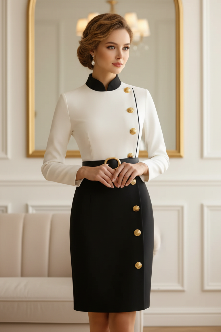 Asymmetrical Button-Front Belted Sheath Dress