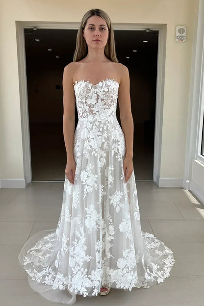 Strapless Lace Applique Corset A-Line Wedding Dress