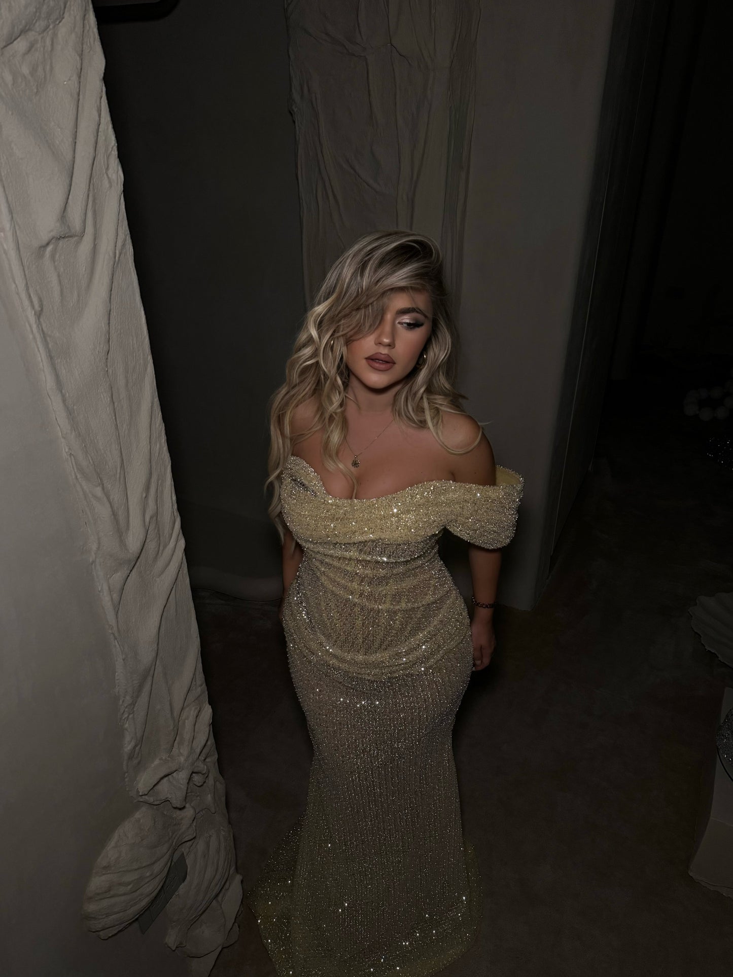 Off-The-Shoulder Glitter Mermaid Evening Gown