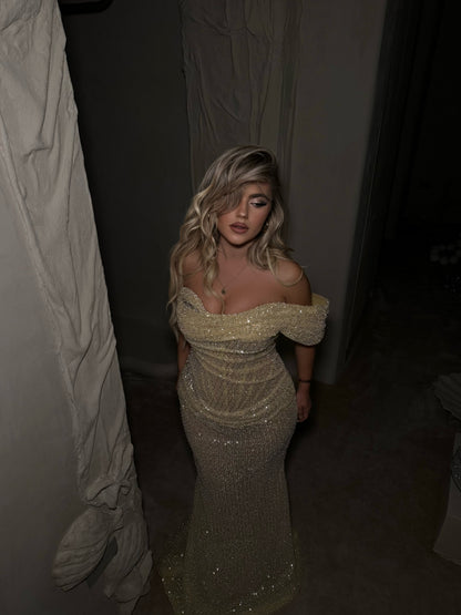 Off-The-Shoulder Glitter Mermaid Evening Gown