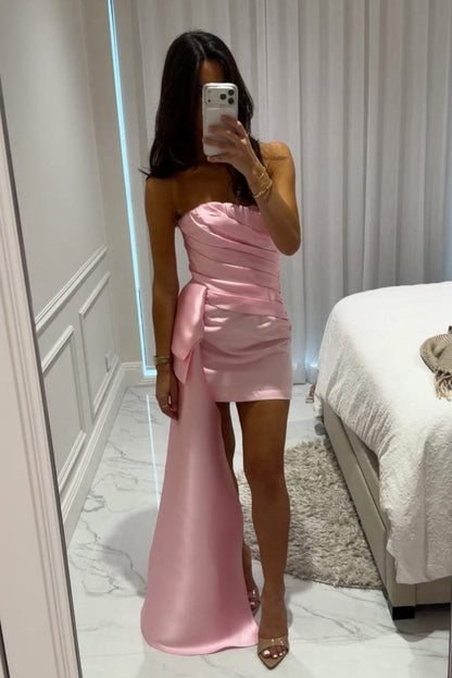 Strapless Ruched Satin Mini Dress with Side Drape