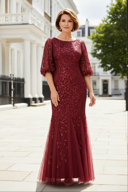 Sequin Embroidered Mermaid Gown with 3/4 Puff Sleeves