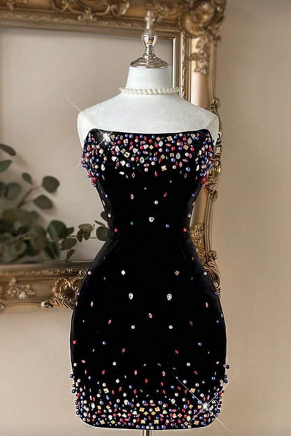 Strapless Beaded Velvet Bodycon Mini Dress