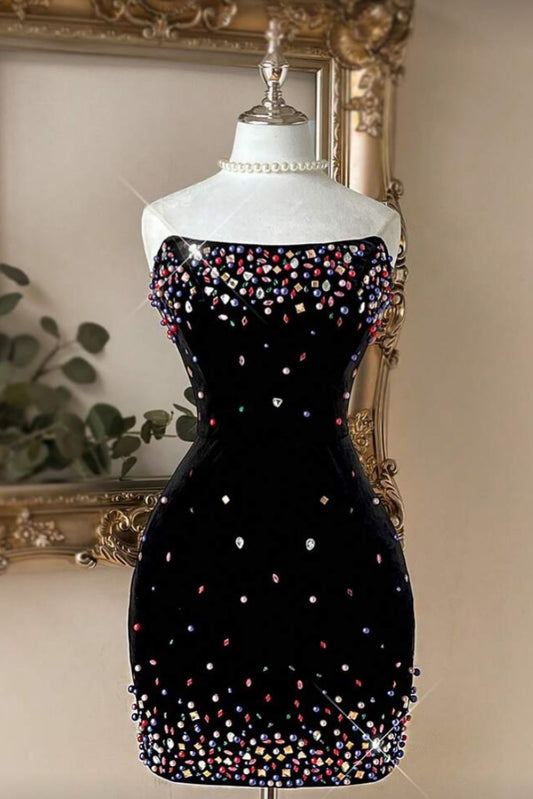 Strapless Beaded Velvet Bodycon Mini Dress