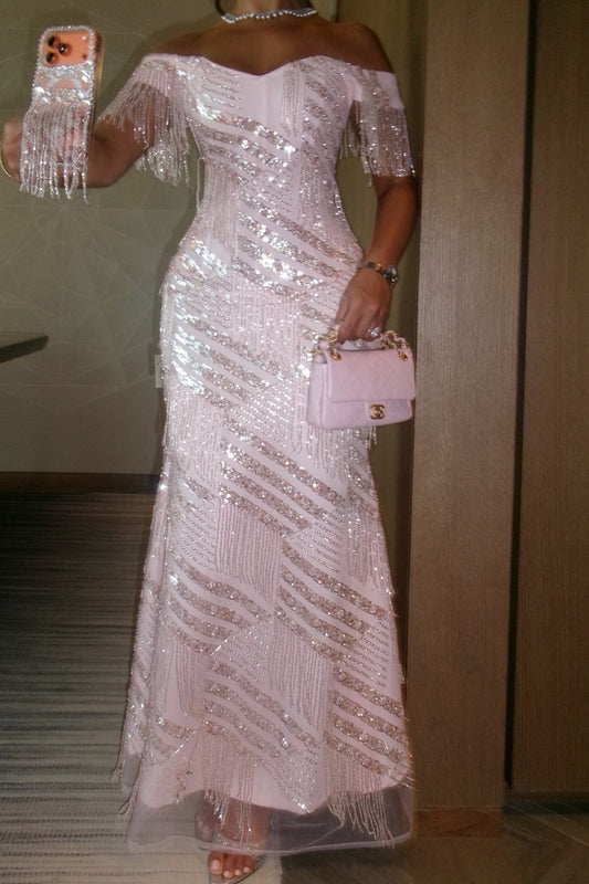 Off-Shoulder Fringe Sequin Mermaid Evening Gown