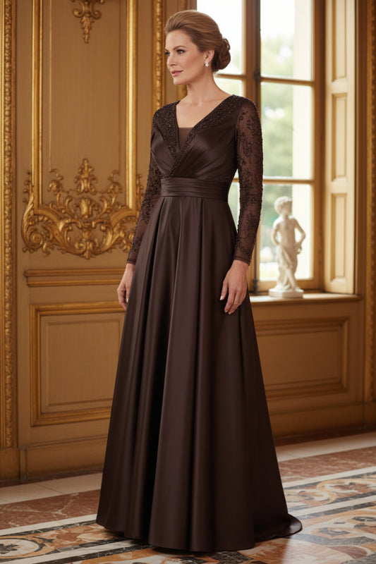 A-Line Satin Gown with Beaded Illusion Long Sleeves