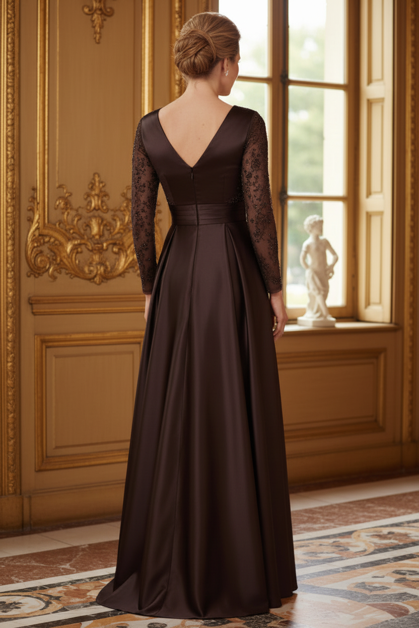 A-Line Satin Gown with Beaded Illusion Long Sleeves