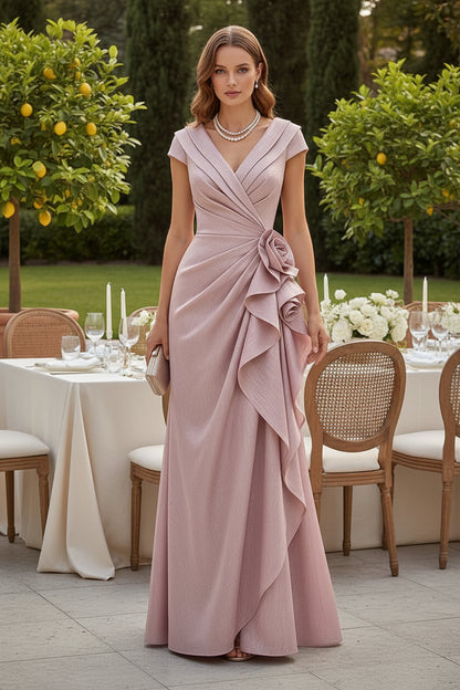 Ruched V-Neck Evening Gown with Rosette Side Drape