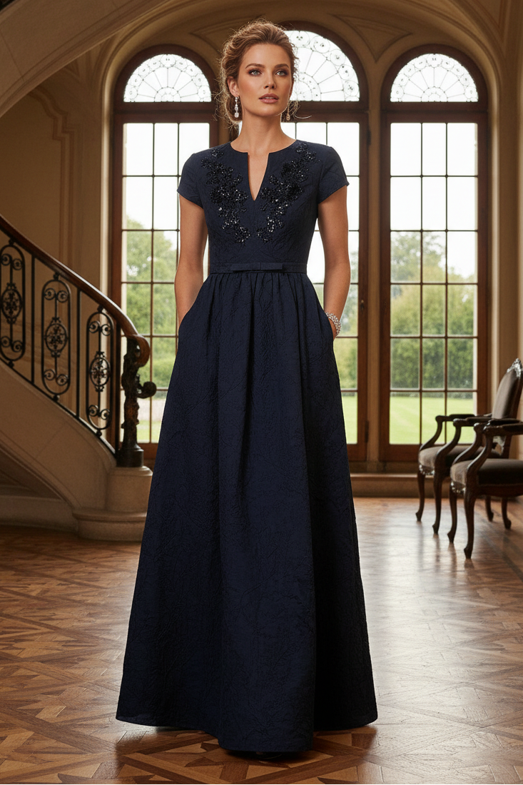 Elegant Jacquard A-Line Evening Gown with Pockets