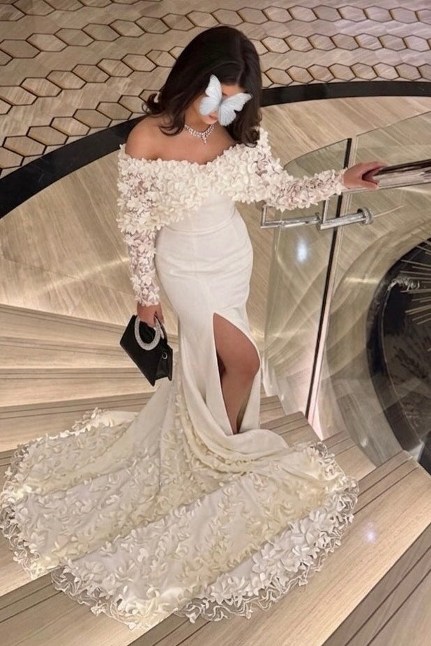 Off-Shoulder Floral Applique Mermaid Gown