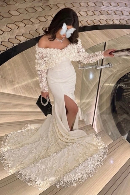 Off-Shoulder Floral Applique Mermaid Gown