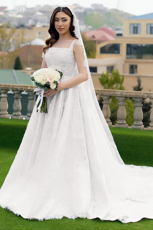 Square Neck Lace A-Line Wedding Dress