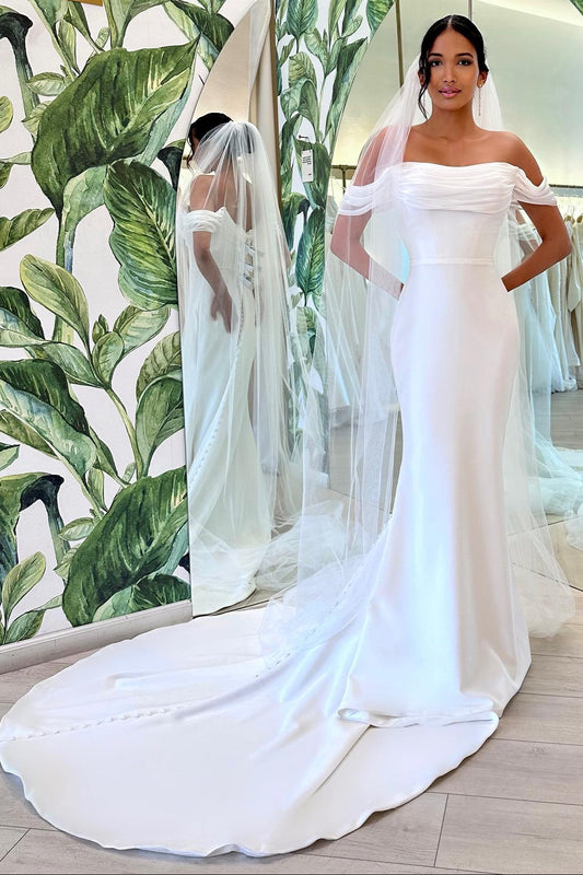 Off-the-Shoulder Ruched Crepe Mermaid Wedding Dress