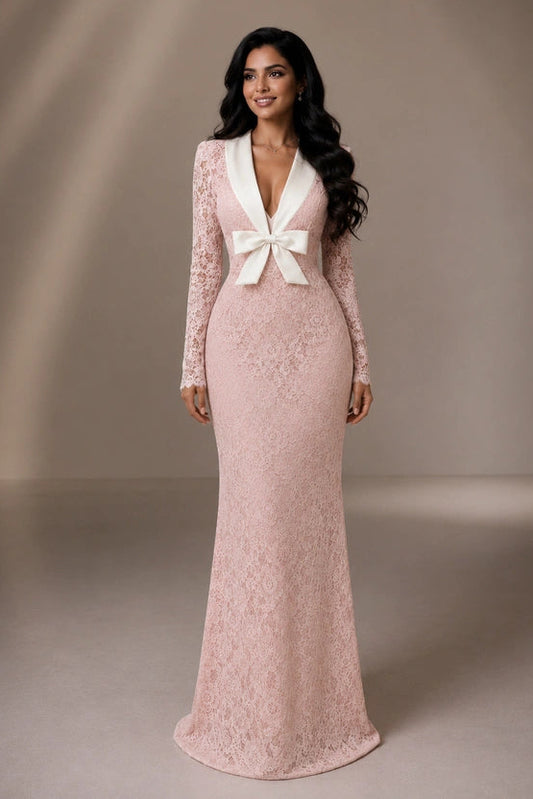 Long Sleeve Lace Gown with Bow Waist Detail