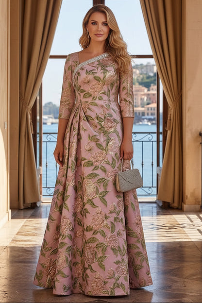 Floral Jacquard A-Line Gown with Beaded Asymmetric Neckline