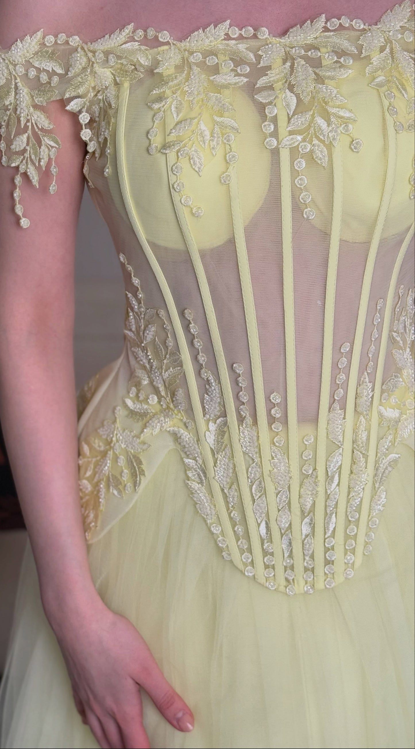 Off-the-Shoulder Corset Gown with Tulle A-Line Skirt