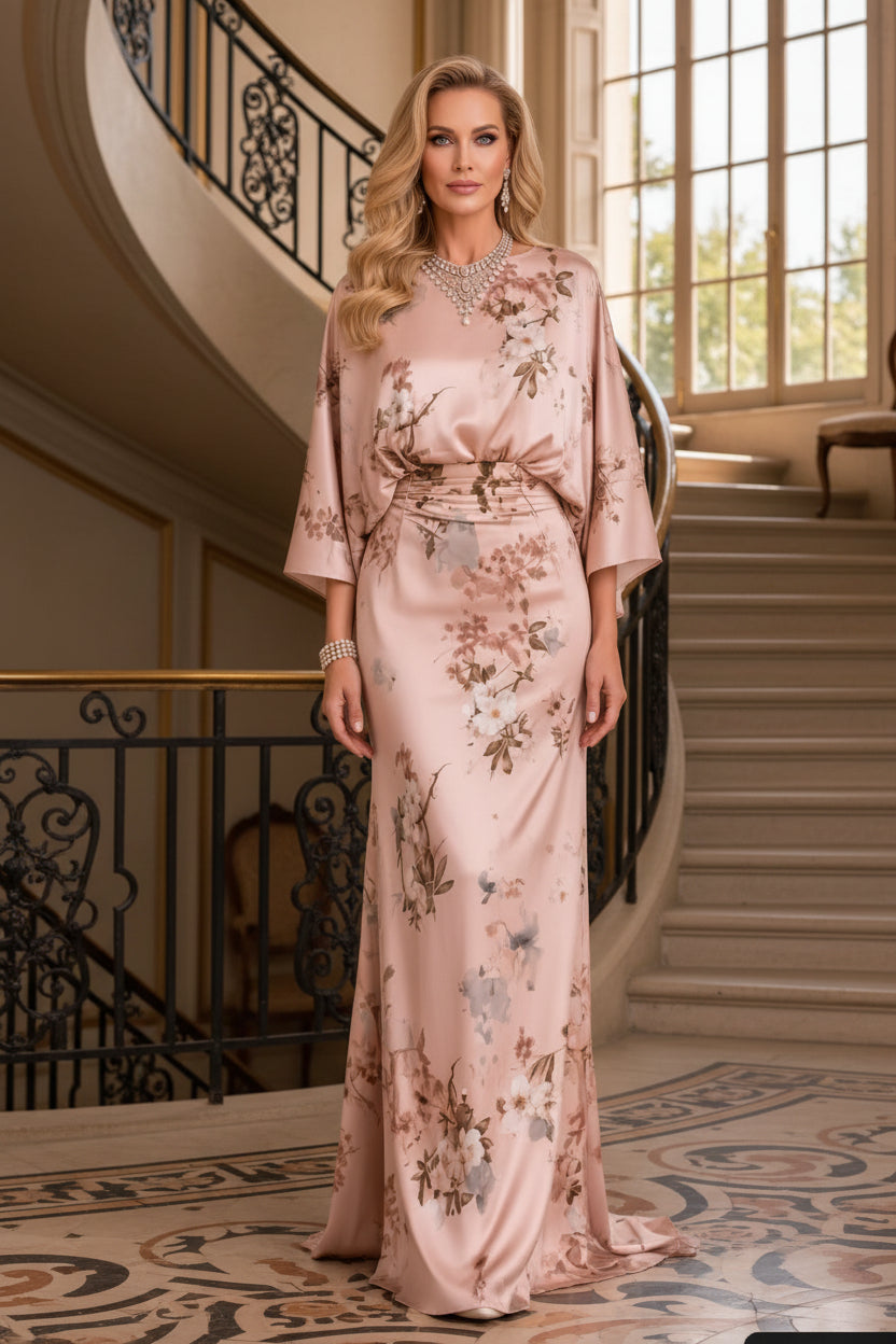 Floral Print Draped Cape Sleeve Satin Gown