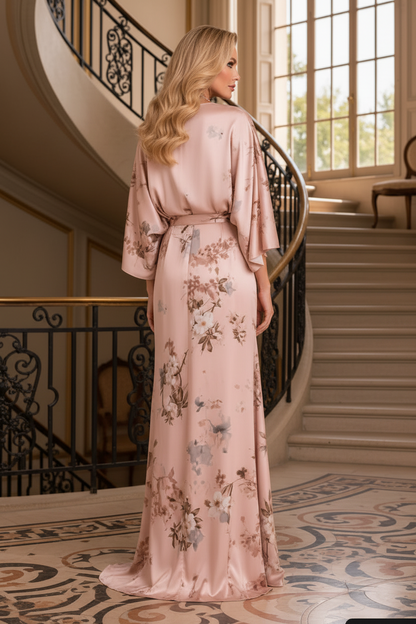 Floral Print Draped Cape Sleeve Satin Gown