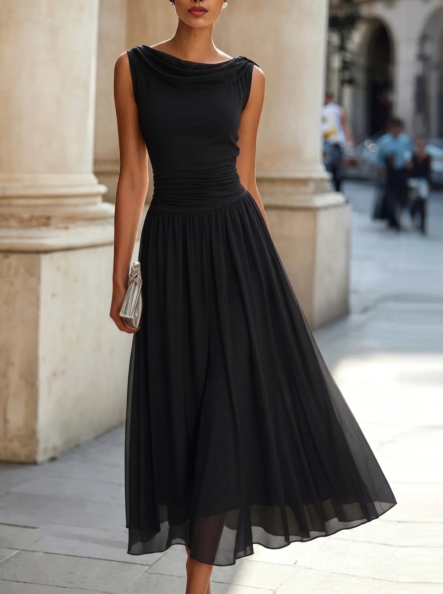 Cowl Neck Ruched Waist Chiffon Midi Dress