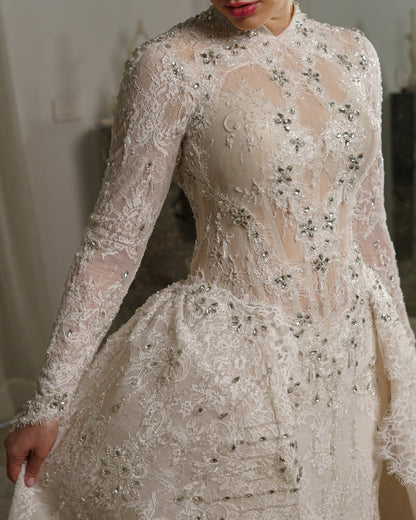 High Neck Long Sleeve Lace Wedding Dress with Overskirt