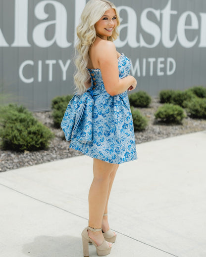 Strapless Floral Jacquard Mini Dress with Back Bow
