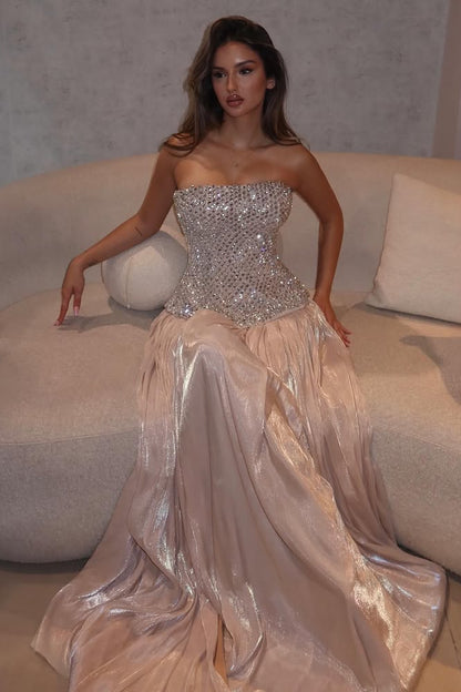 Strapless Crystal Corset Metallic A-Line Gown