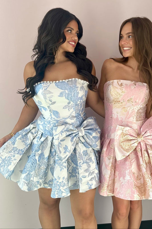 Strapless Floral Jacquard Mini Dress with Bow
