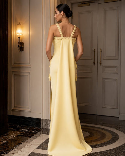 3D Floral Column Gown with Pearl Straps and Cape