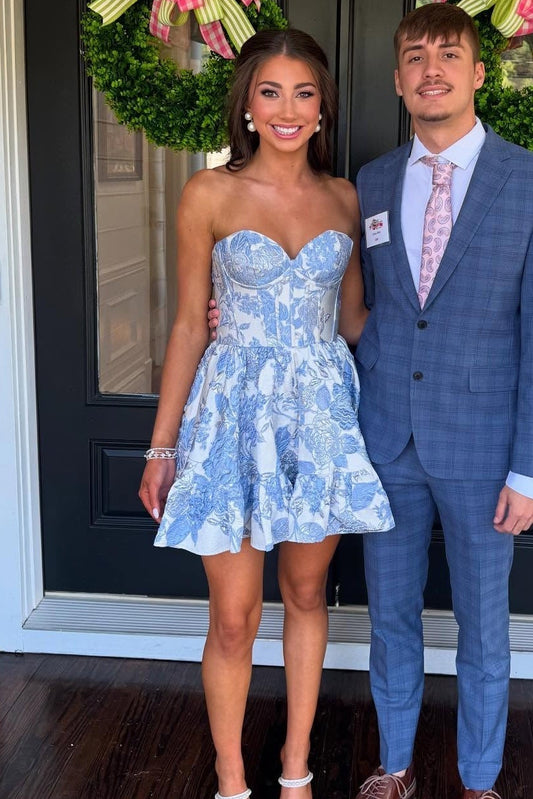 Strapless Floral Jacquard Corset Mini Dress