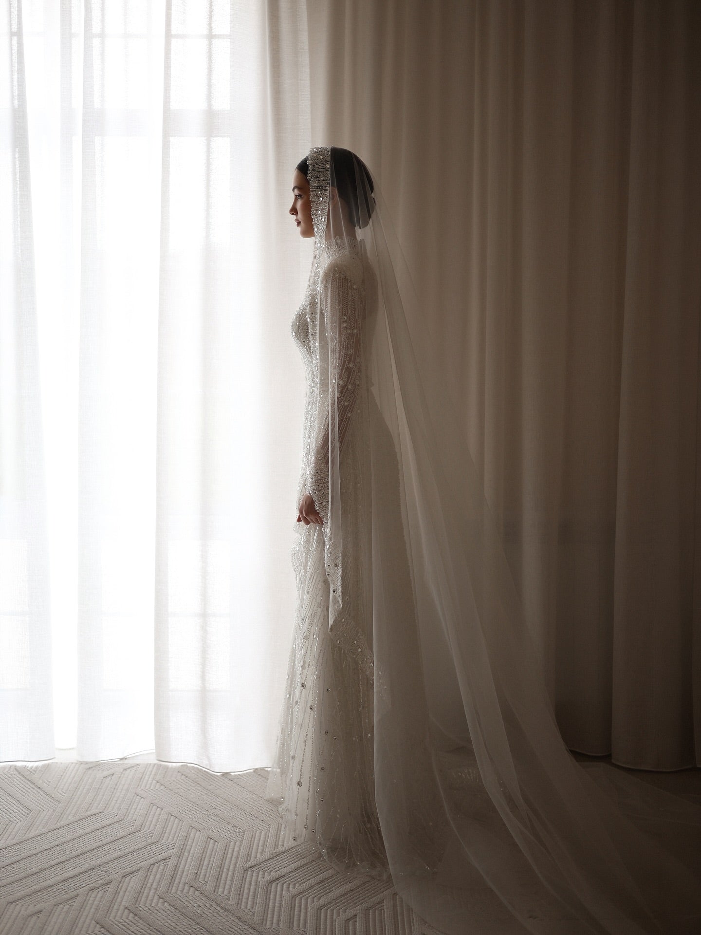 High Neck Beaded Long Sleeve Wedding Dress with Train