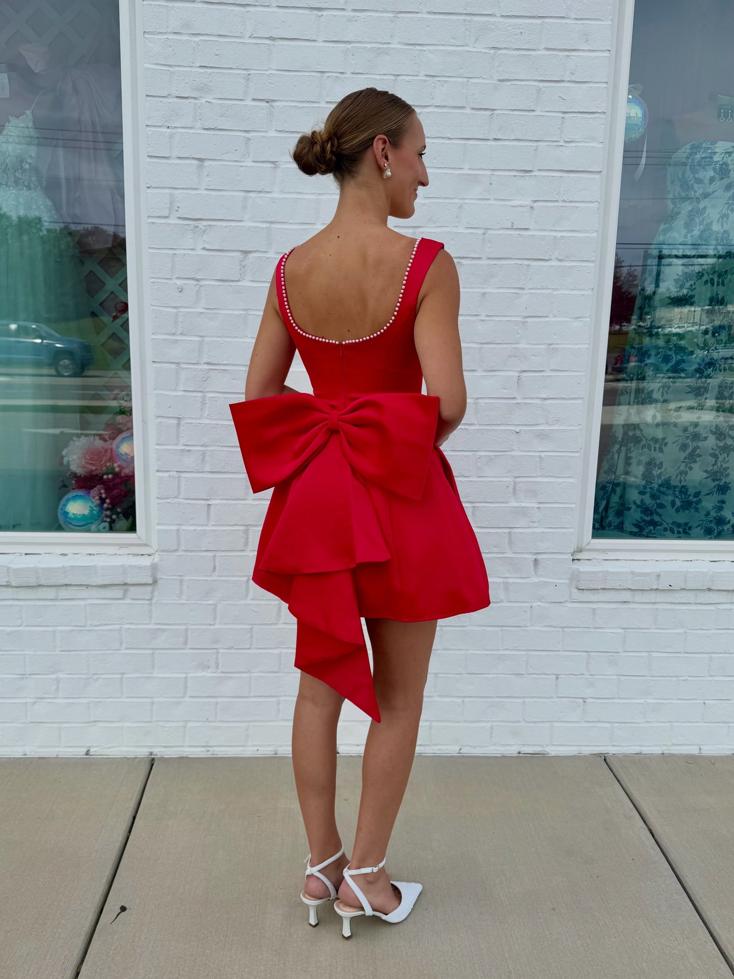 Satin A-Line Mini Dress with Pearls and Back Bow
