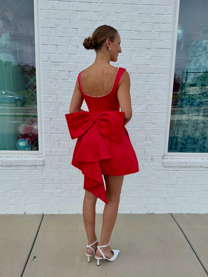 Satin A-Line Mini Dress with Pearls and Back Bow