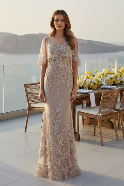 Embroidered Illusion Cape Sleeve Column Gown