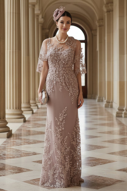 Dusty Rose Floral Lace Applique Mermaid Mother of the Bride Dress with Cape Sleeves