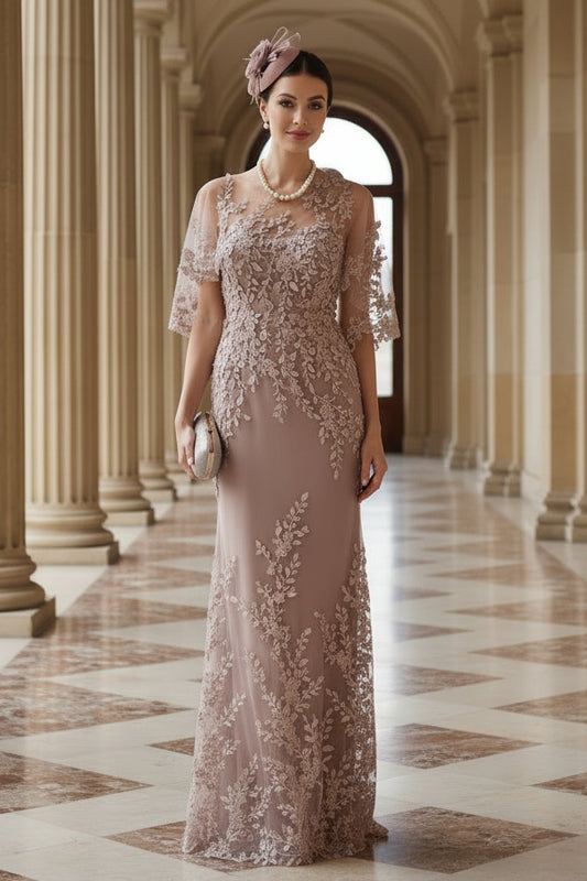 Dusty Rose Floral Lace Applique Mermaid Mother of the Bride Dress with Cape Sleeves