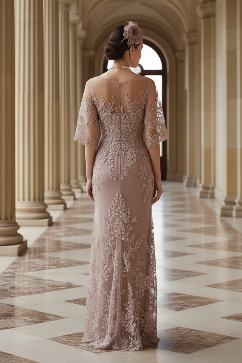 Dusty Rose Floral Lace Applique Mermaid Mother of the Bride Dress with Cape Sleeves