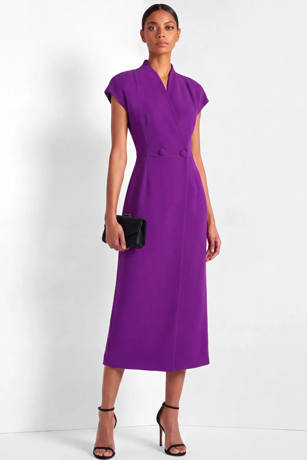 Collared Cap Sleeve Wrap Midi Dress