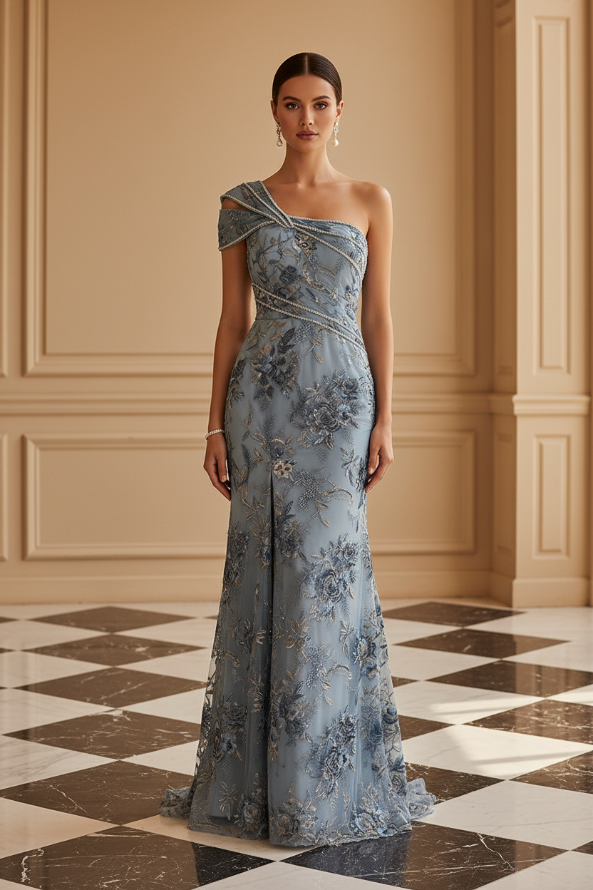 One-Shoulder Embroidered Evening Gown with High Slit