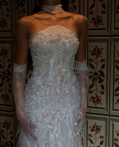 Strapless Feather Embellished Lace Wedding Dress
