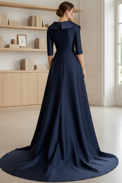 Navy Blue Jacquard Floral Mermaid Gown with Dramatic Overskirt | Mother of the Bride Dress