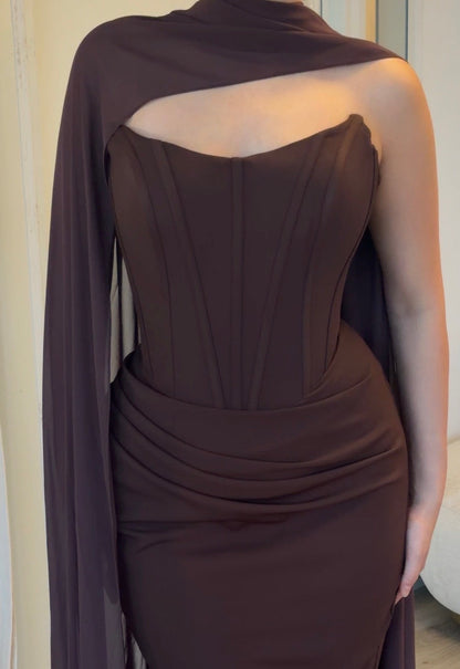 Corset Mermaid Evening Gown with Draped Cape