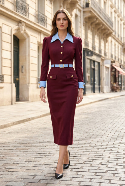 Collared Midi Sheath Dress with Belt