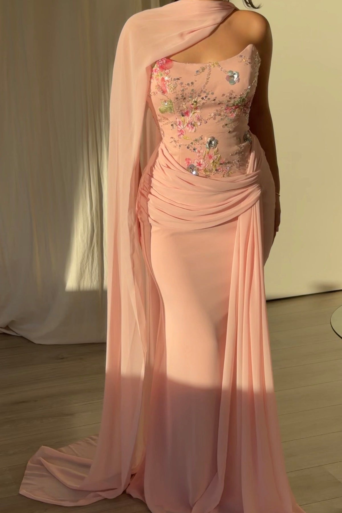 Embroidered Corset Gown with Scarf Cape