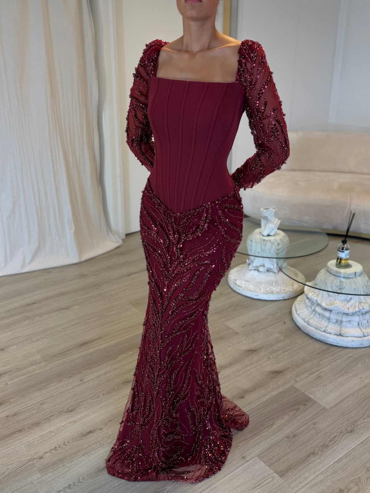 Corset Beaded Mermaid Gown with Long Sleeves