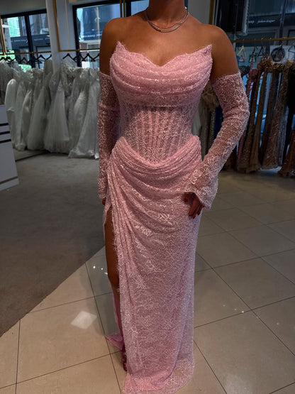 Corset Lace Gown with Cowl Neck & Long Sleeves