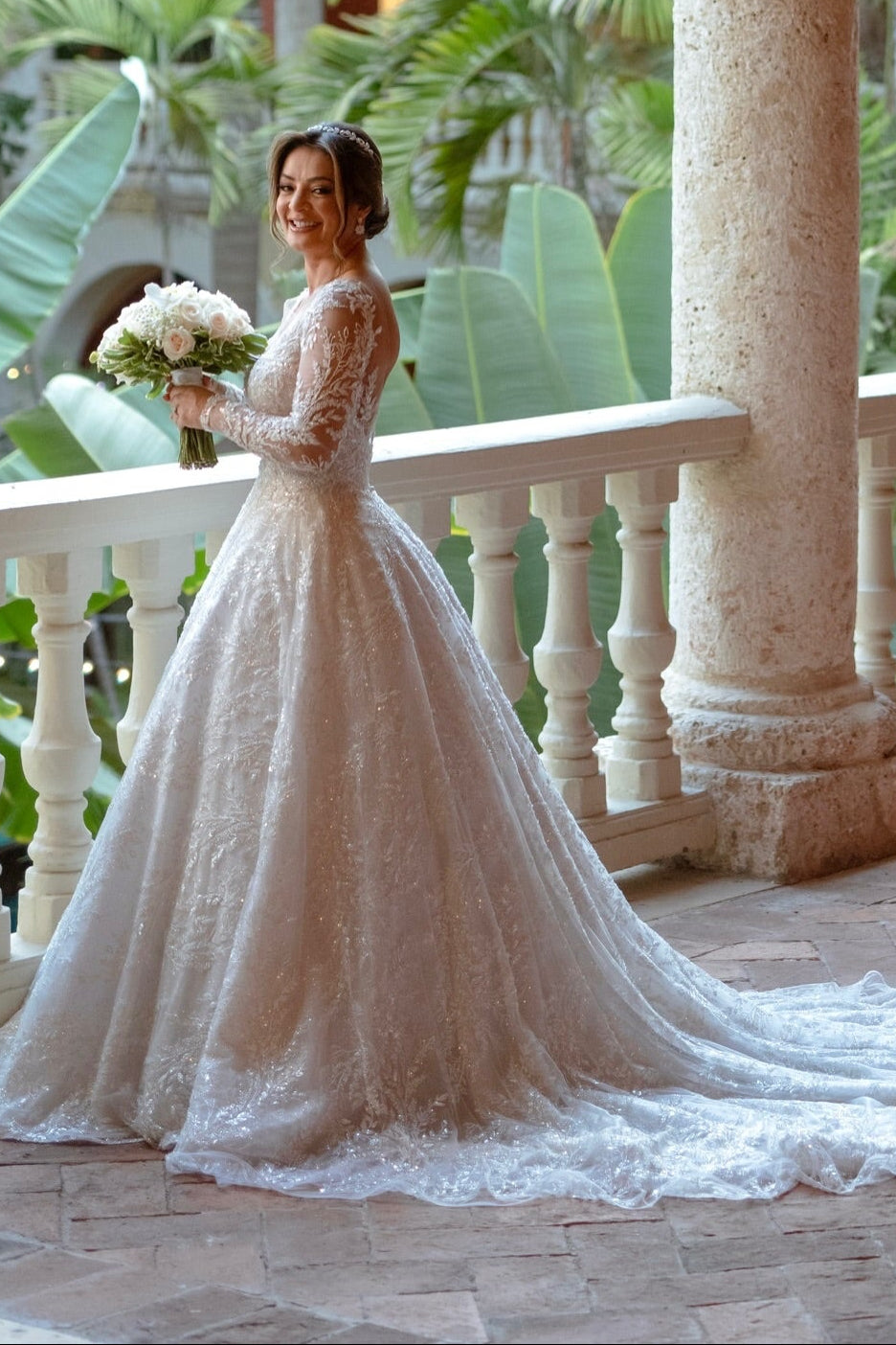 Long Sleeve Sequin Ball Gown Wedding Dress with Train