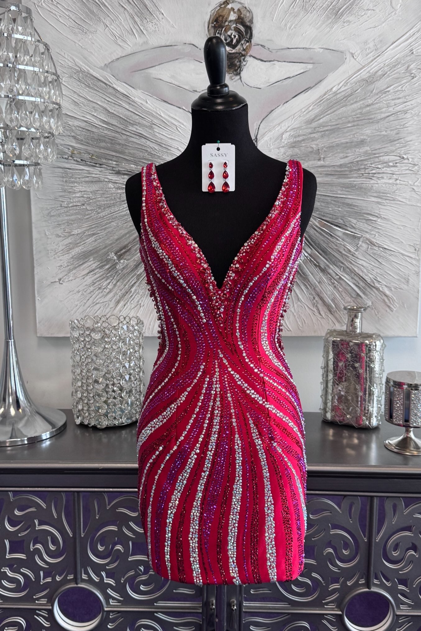 Beaded Open Back V-Neck Mini Dress