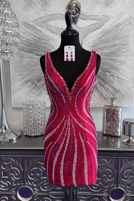 Beaded Open Back V-Neck Mini Dress